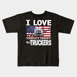 I LOVE THE TRUCKERS - PEOPLES CONVOY USA FLAG OF HEARTS WHITE LETTERS Kids T-Shirt